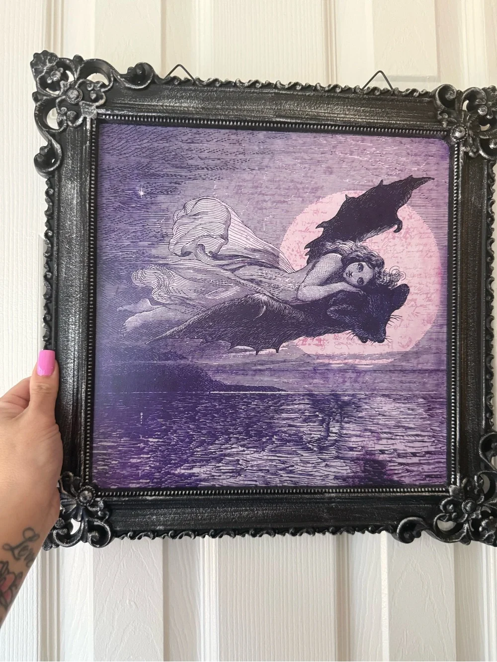 Spirit Purple Bat Girl Gothic Wall Art with Ornate Black Frame